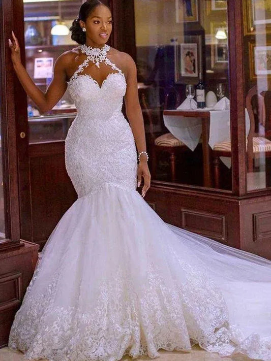 Mermaid Halter Lace Train Wedding Dress - Yihuiw by Yihuiw