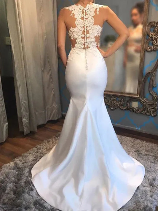 Mermaid Illusion Satin High Slit Wedding Dress - Yihuiw by Yihuiw