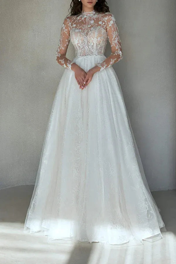 A-Line Illusion Tulle Long Sleeve Train Wedding Dress - Yihuiw by Yihuiw