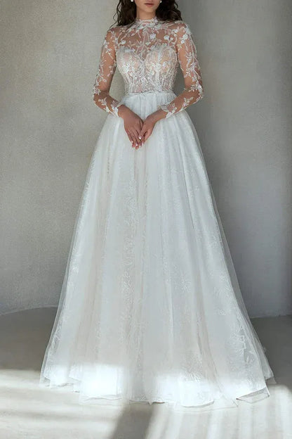 A-Line Illusion Tulle Long Sleeve Train Wedding Dress - Yihuiw by Yihuiw