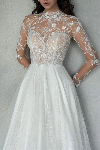 A-Line Illusion Tulle Long Sleeve Train Wedding Dress - Yihuiw by Yihuiw