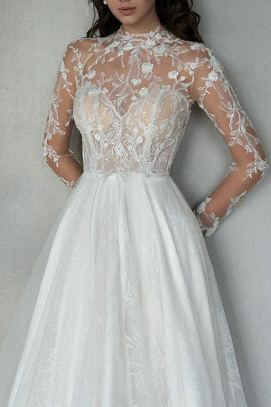 A-Line Illusion Tulle Long Sleeve Train Wedding Dress - Yihuiw by Yihuiw