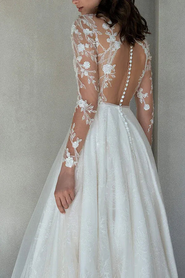 A-Line Illusion Tulle Long Sleeve Train Wedding Dress - Yihuiw by Yihuiw