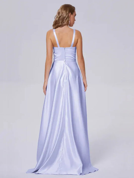 A-Line Spaghetti Strap Satin Floor-Length Wedding Dress - Yihuiw by Yihuiw