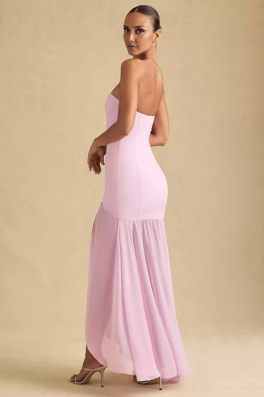 High quality chiffon strapless transparent asymmetric skirt with three-dimensional cutting front slit Prom Dresses that attract attention