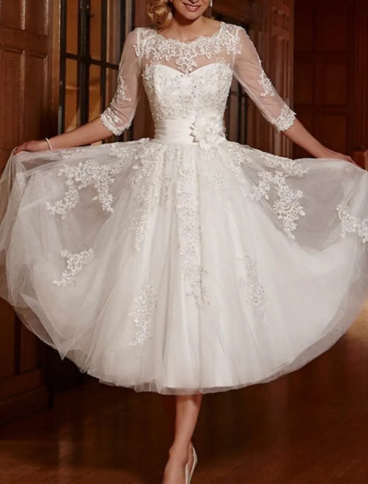 Illusion Lace Tea-Length Wedding Dress - Yihuiw by Yihuiw