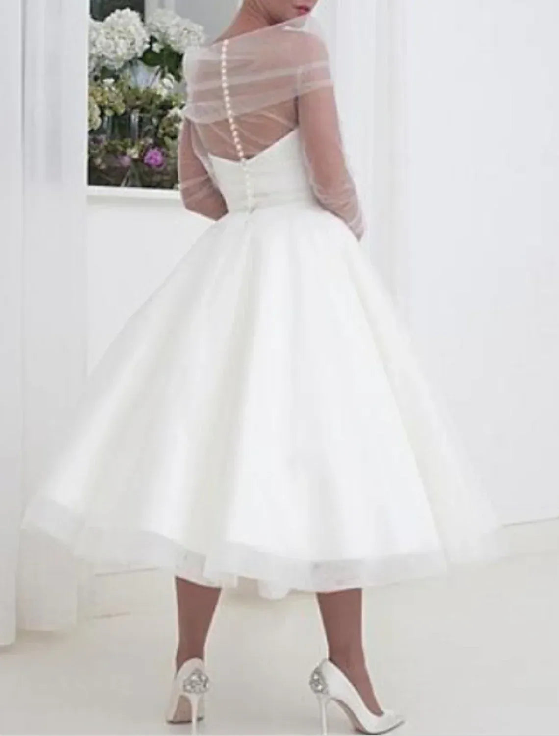 Illusion Tulle Long Sleeve Midi Wedding Dress - Yihuiw by Yihuiw