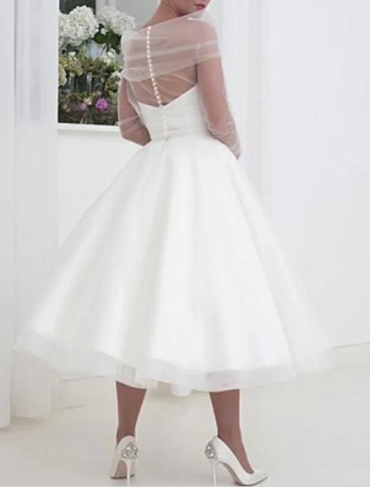 Illusion Tulle Long Sleeve Midi Wedding Dress - Yihuiw by Yihuiw