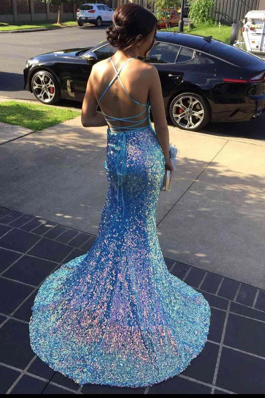 Light Blue Sequin Mermaid Prom Dress with Deep V-Neck and High Slit