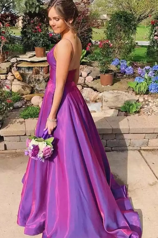 Iridescent Magenta Satin A-Line Prom Dress with V-Neck & Open Back