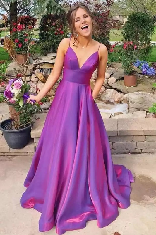 Iridescent Magenta Satin A-Line Prom Dress with V-Neck & Open Back