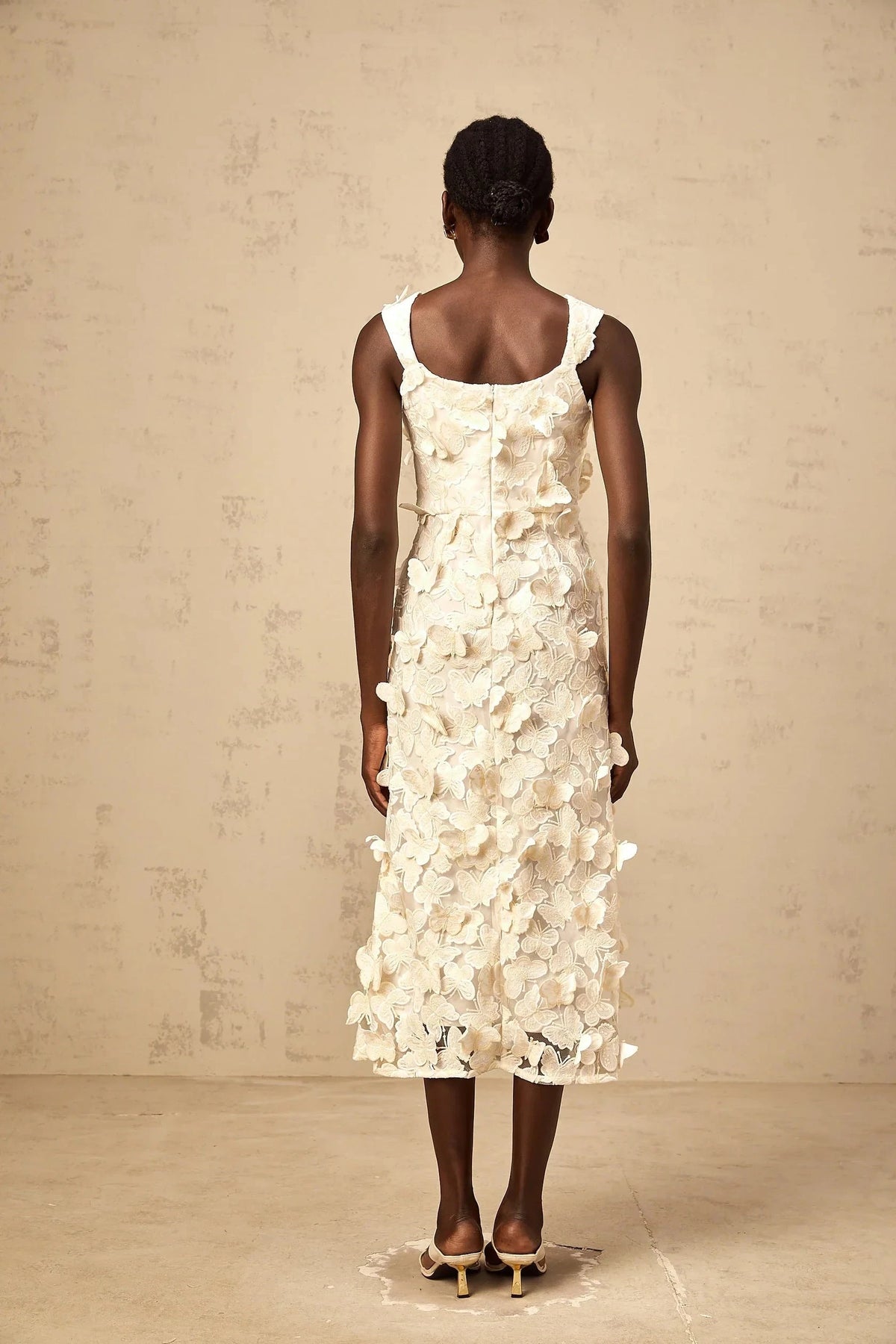 Ivory 3D Floral Appliqué Midi Dress with Square Neckline Narcisse butterfly-appliqué flared midi dress Evening Dress by YiHuiw