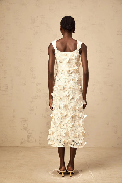 Ivory 3D Floral Appliqué Midi Dress with Square Neckline Narcisse butterfly-appliqué flared midi dress Evening Dress by YiHuiw