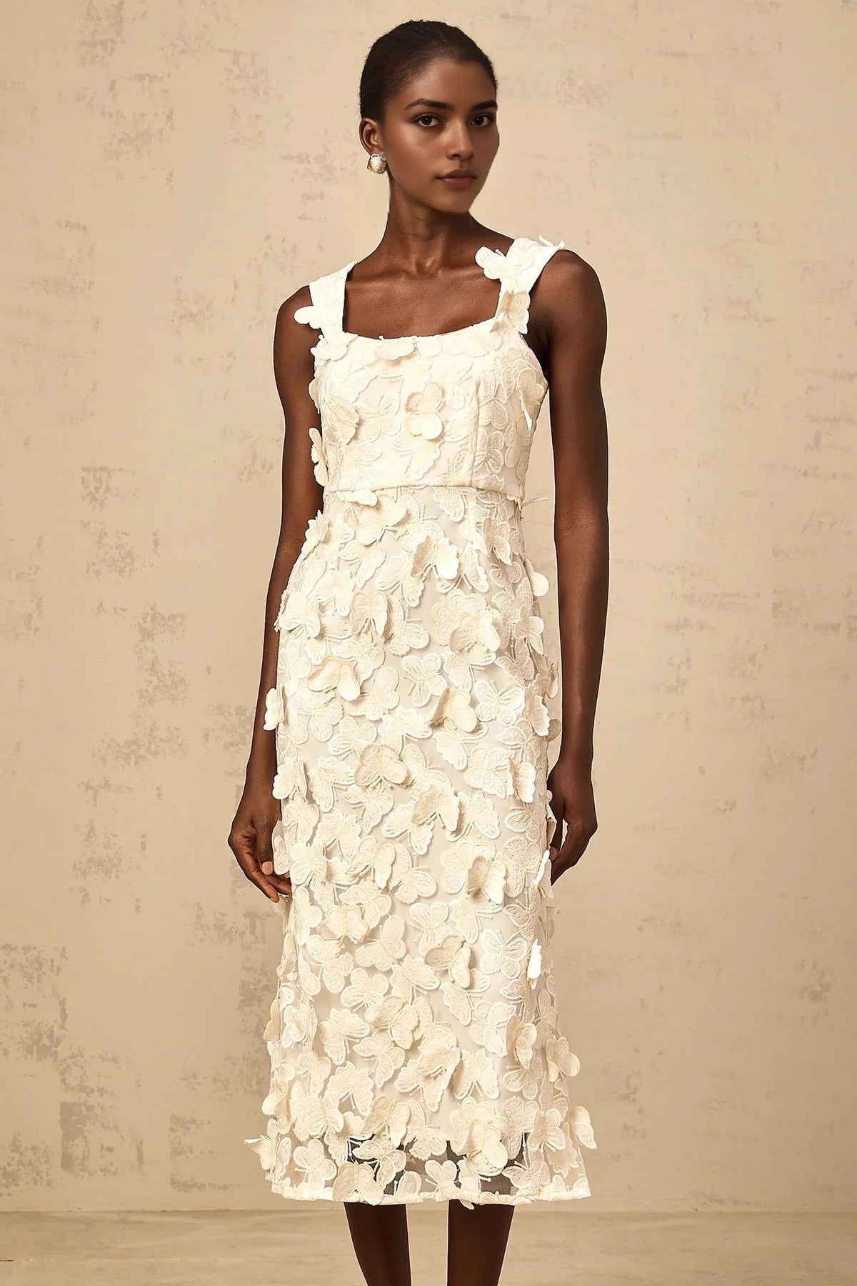 Ivory 3D Floral Appliqué Midi Dress with Square Neckline Narcisse butterfly-appliqué flared midi dress Evening Dress by YiHuiw
