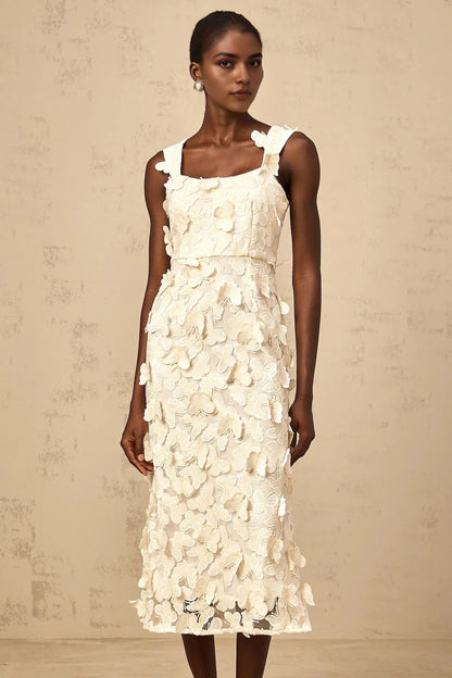Ivory 3D Floral Appliqué Midi Dress with Square Neckline Narcisse butterfly-appliqué flared midi dress Evening Dress by YiHuiw