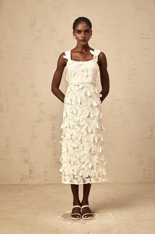 Ivory 3D Floral Appliqué Midi Dress with Square Neckline Narcisse butterfly-appliqué flared midi dress Evening Dress by YiHuiw
