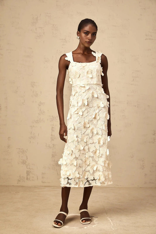 Ivory 3D Floral Appliqué Midi Dress with Square Neckline Narcisse butterfly-appliqué flared midi dress Evening Dress by YiHuiw