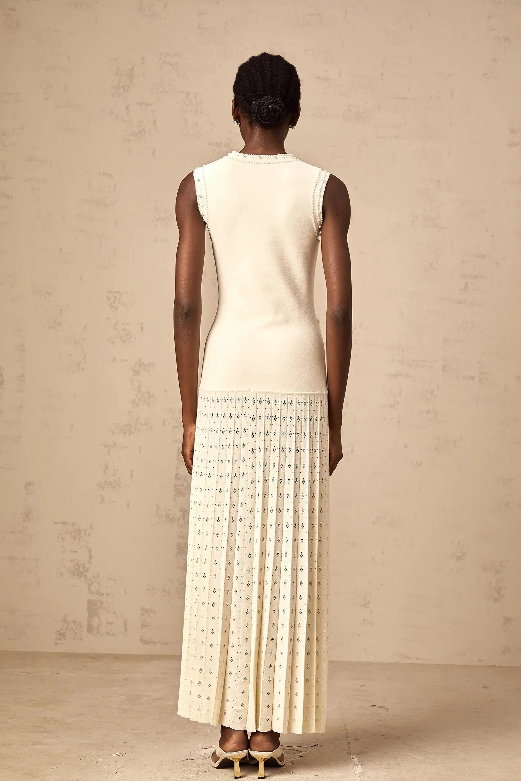 Ivory Beaded Sleeveless Pleated Maxi Dress white faux-pearl knitted maxi dress Evening Dress by YiHuiw