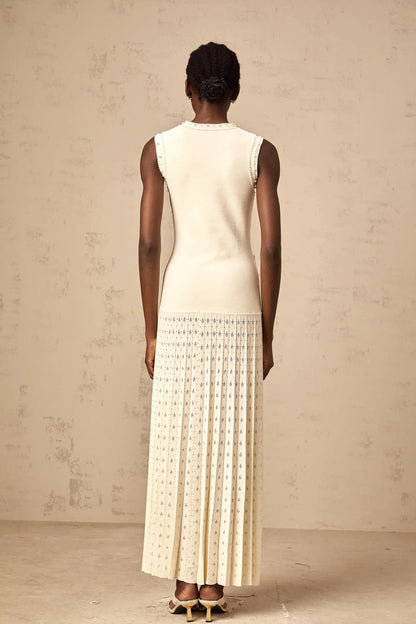 Ivory Beaded Sleeveless Pleated Maxi Dress white faux-pearl knitted maxi dress Evening Dress by YiHuiw