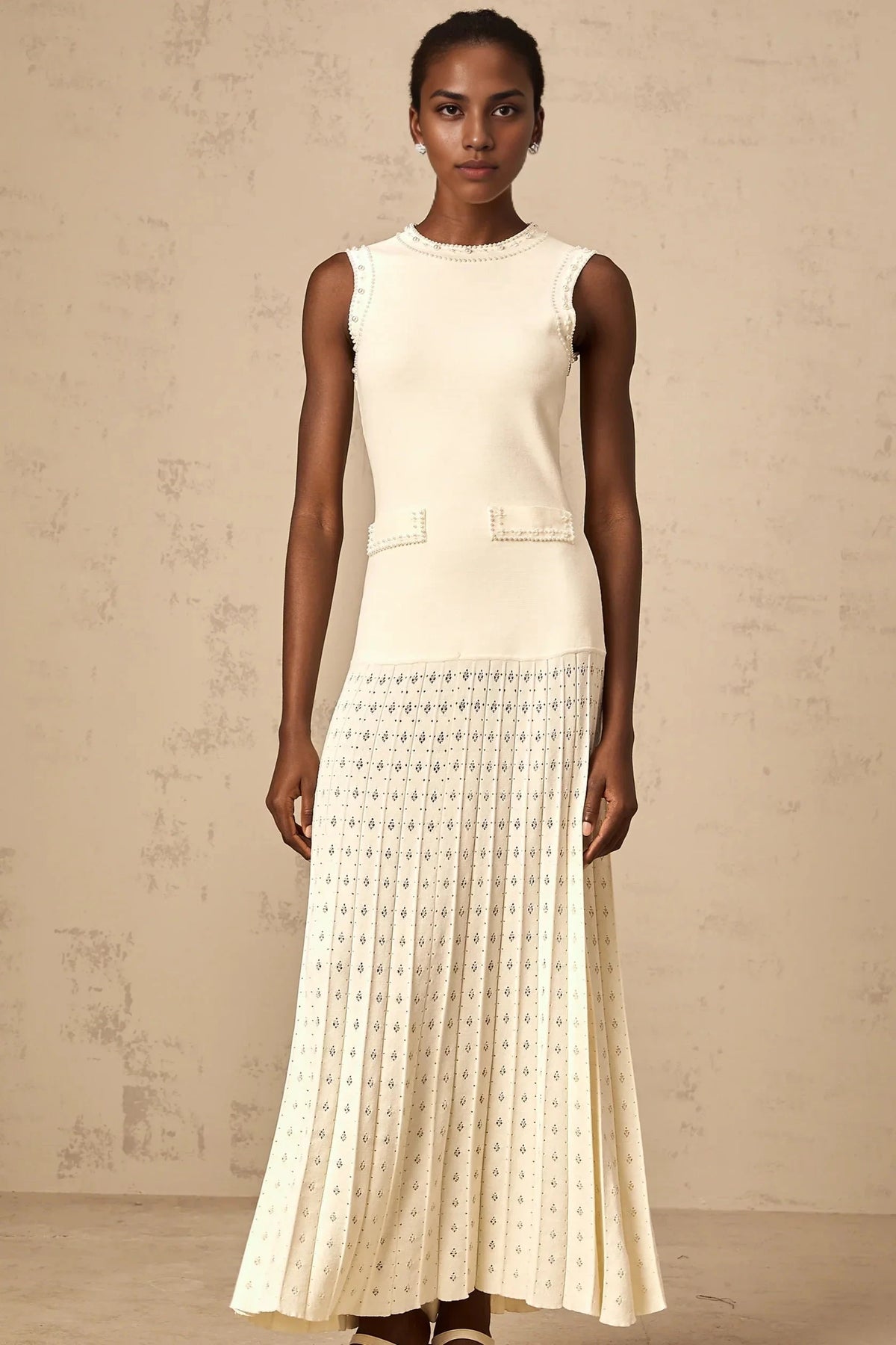 Ivory Beaded Sleeveless Pleated Maxi Dress white faux-pearl knitted maxi dress Evening Dress by YiHuiw