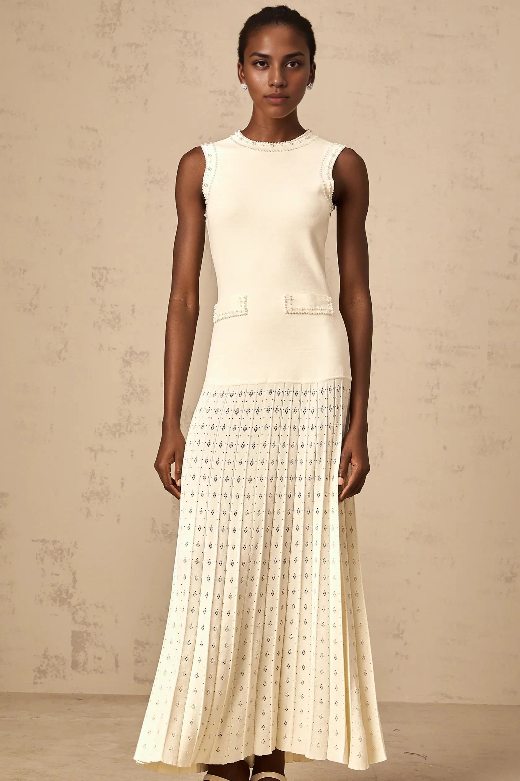 Ivory Beaded Sleeveless Pleated Maxi Dress white faux-pearl knitted maxi dress Evening Dress by YiHuiw