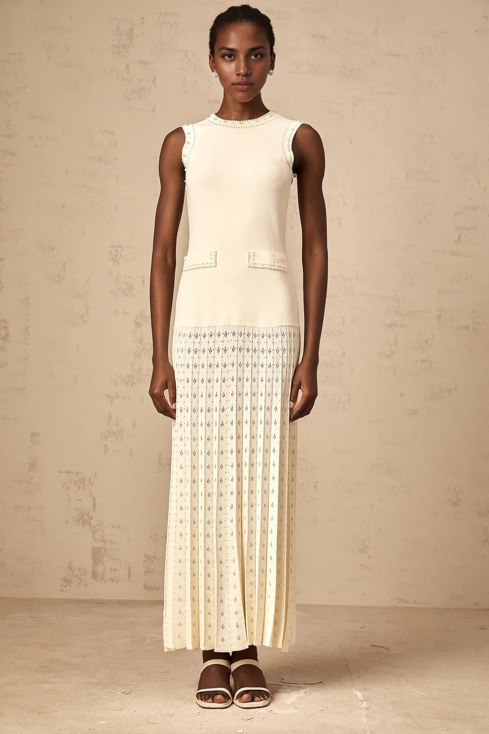 Ivory Beaded Sleeveless Pleated Maxi Dress white faux-pearl knitted maxi dress Evening Dress by YiHuiw
