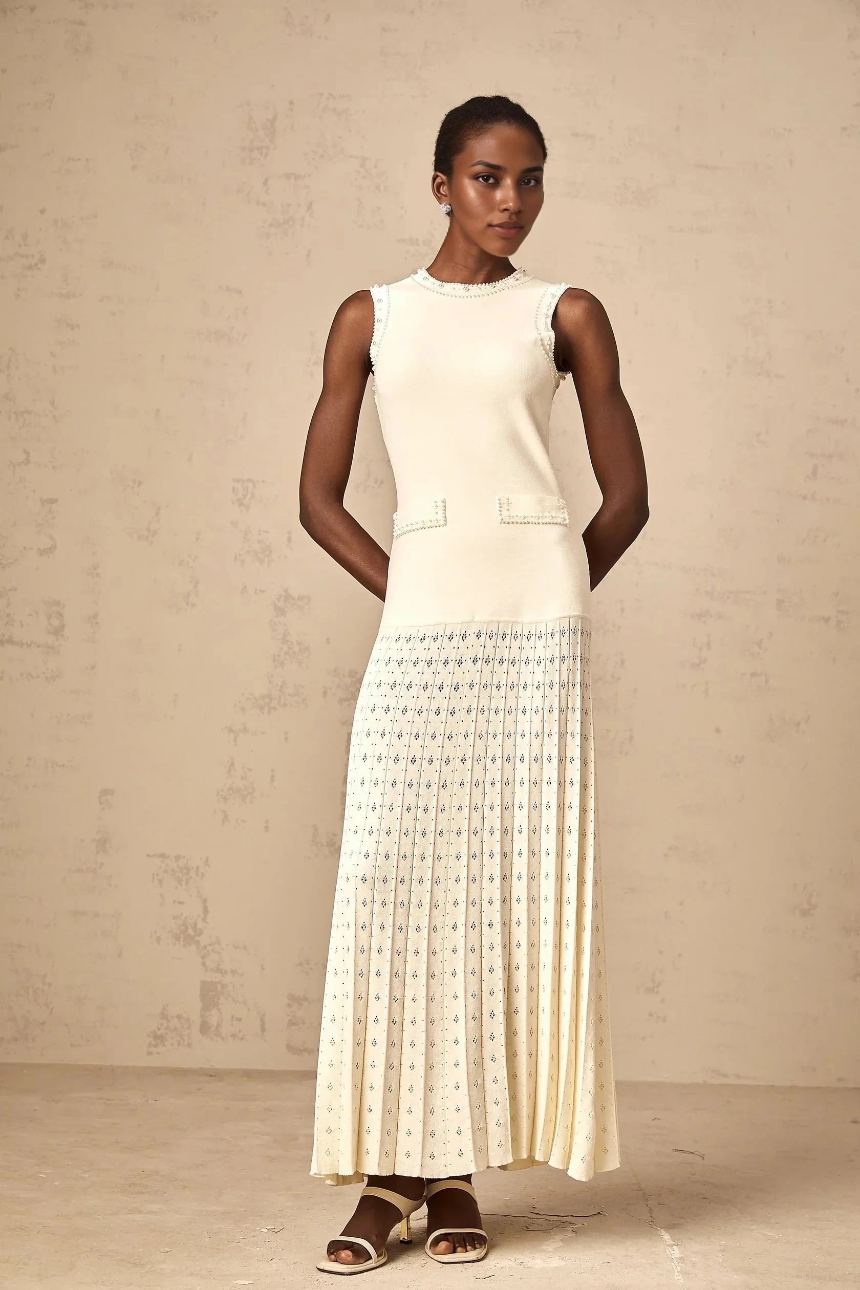 Ivory Beaded Sleeveless Pleated Maxi Dress white faux-pearl knitted maxi dress Evening Dress by YiHuiw
