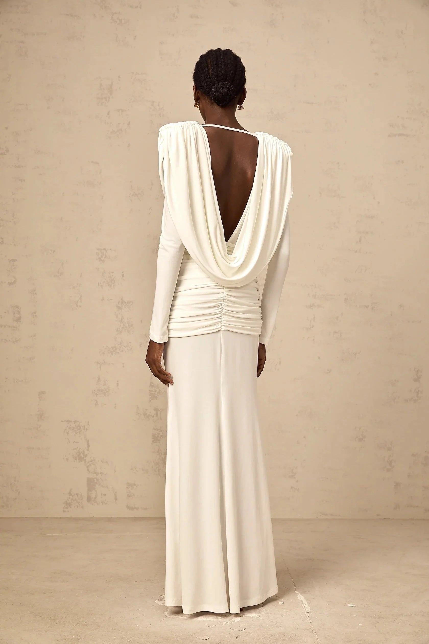 Ivory Cowl Neck Long Sleeve Maxi Dress with Open Back Wanda white ruched fitted maxi dress Evening Dress by YiHuiw