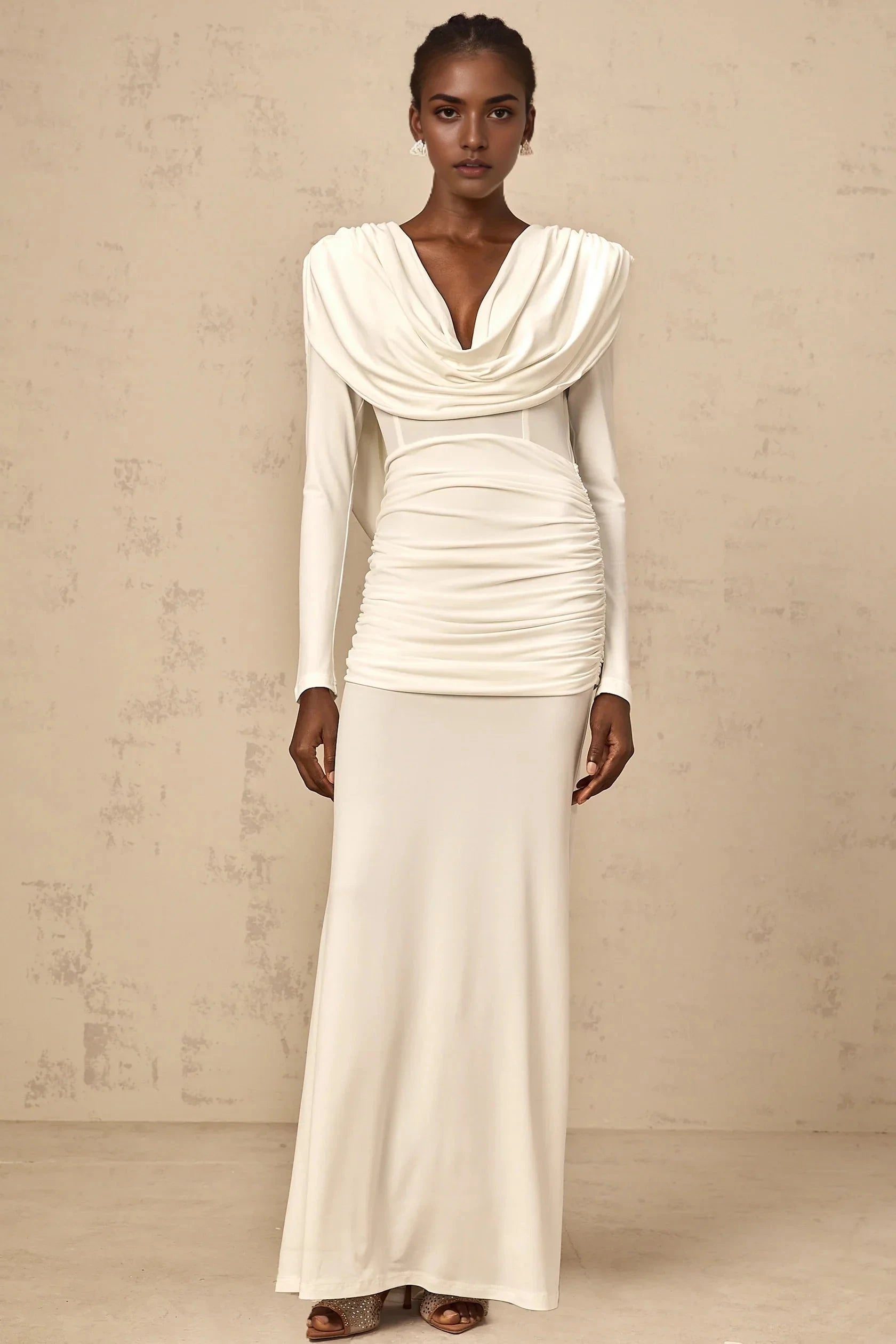 Ivory Cowl Neck Long Sleeve Maxi Dress with Open Back Wanda white ruched fitted maxi dress Evening Dress by YiHuiw
