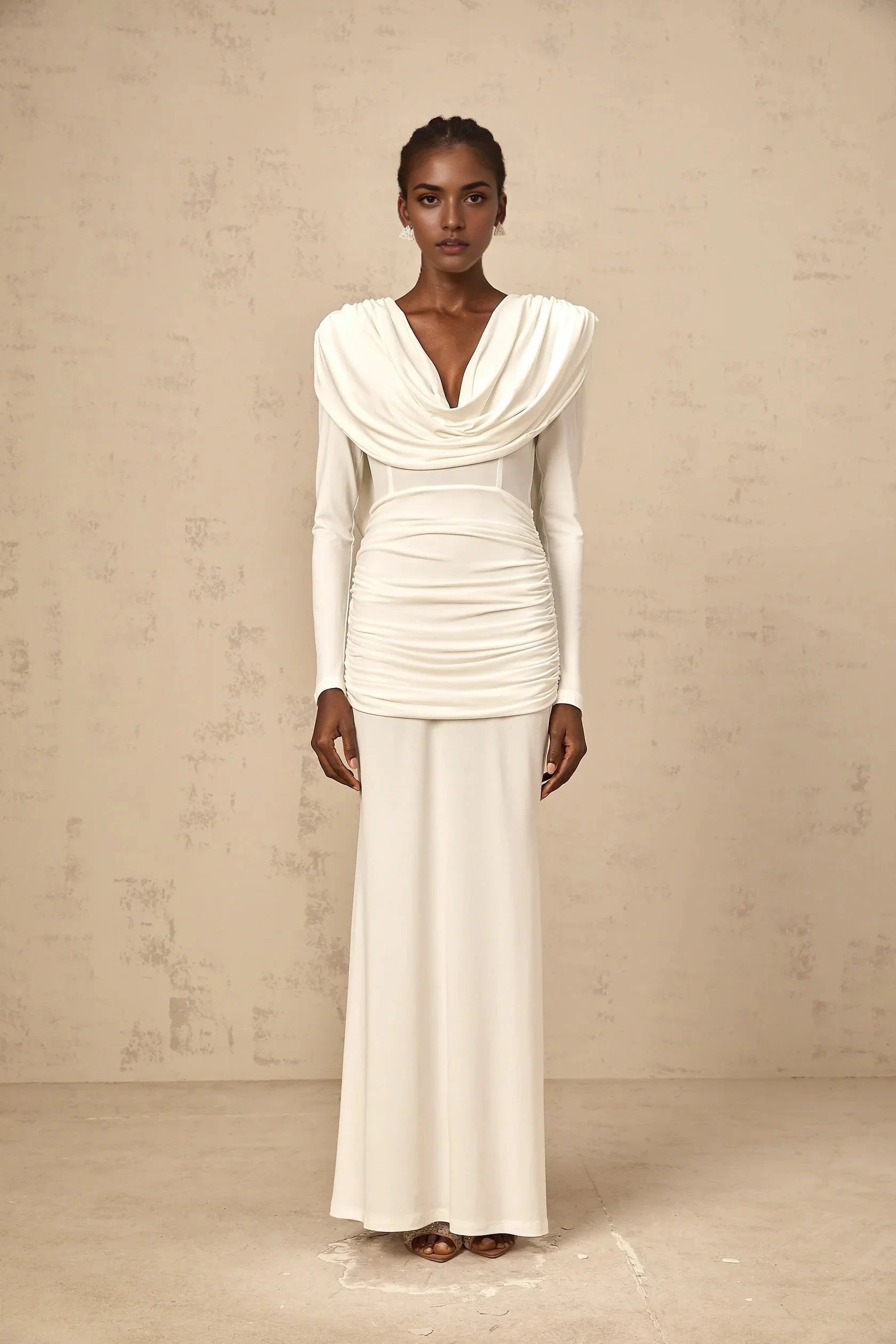 Ivory Cowl Neck Long Sleeve Maxi Dress with Open Back Wanda white ruched fitted maxi dress Evening Dress by YiHuiw