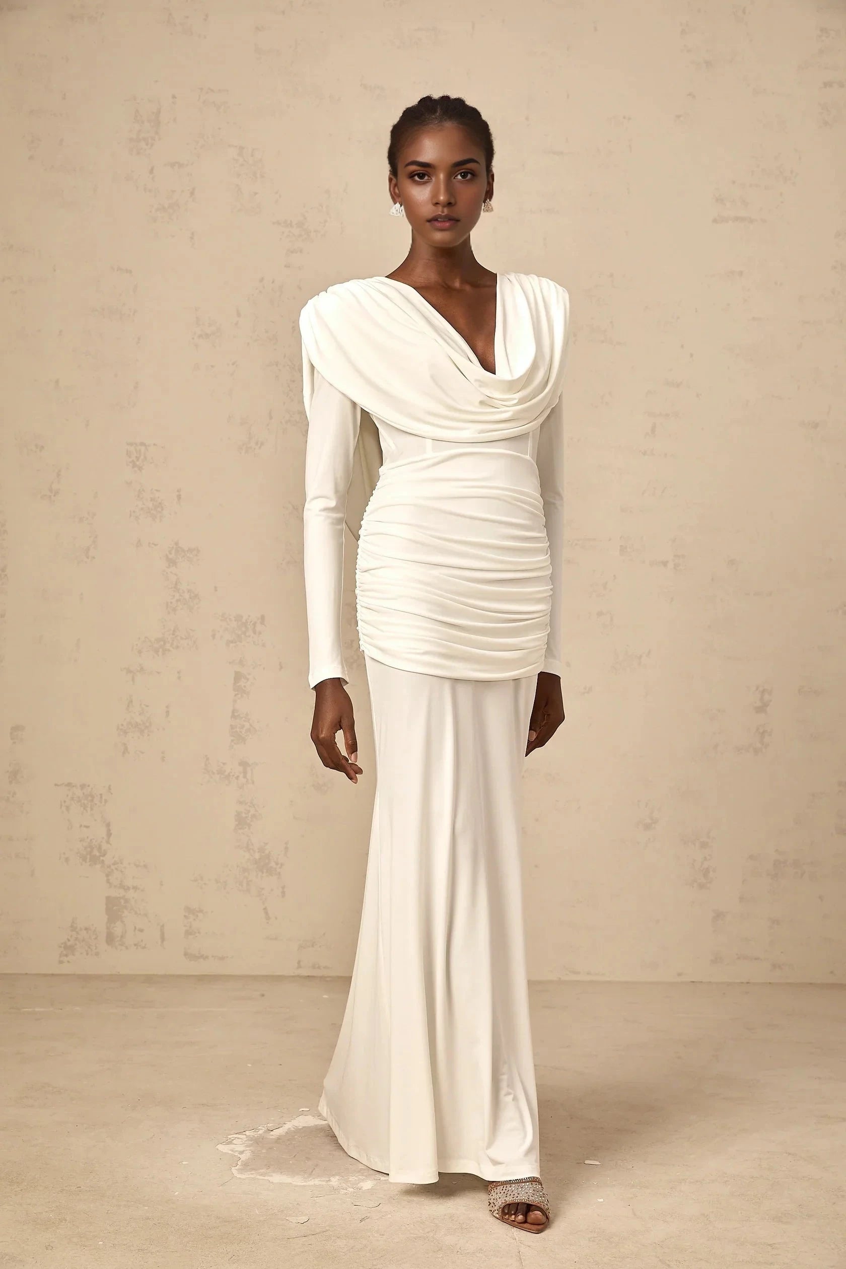 Ivory Cowl Neck Long Sleeve Maxi Dress with Open Back Wanda white ruched fitted maxi dress Evening Dress by YiHuiw