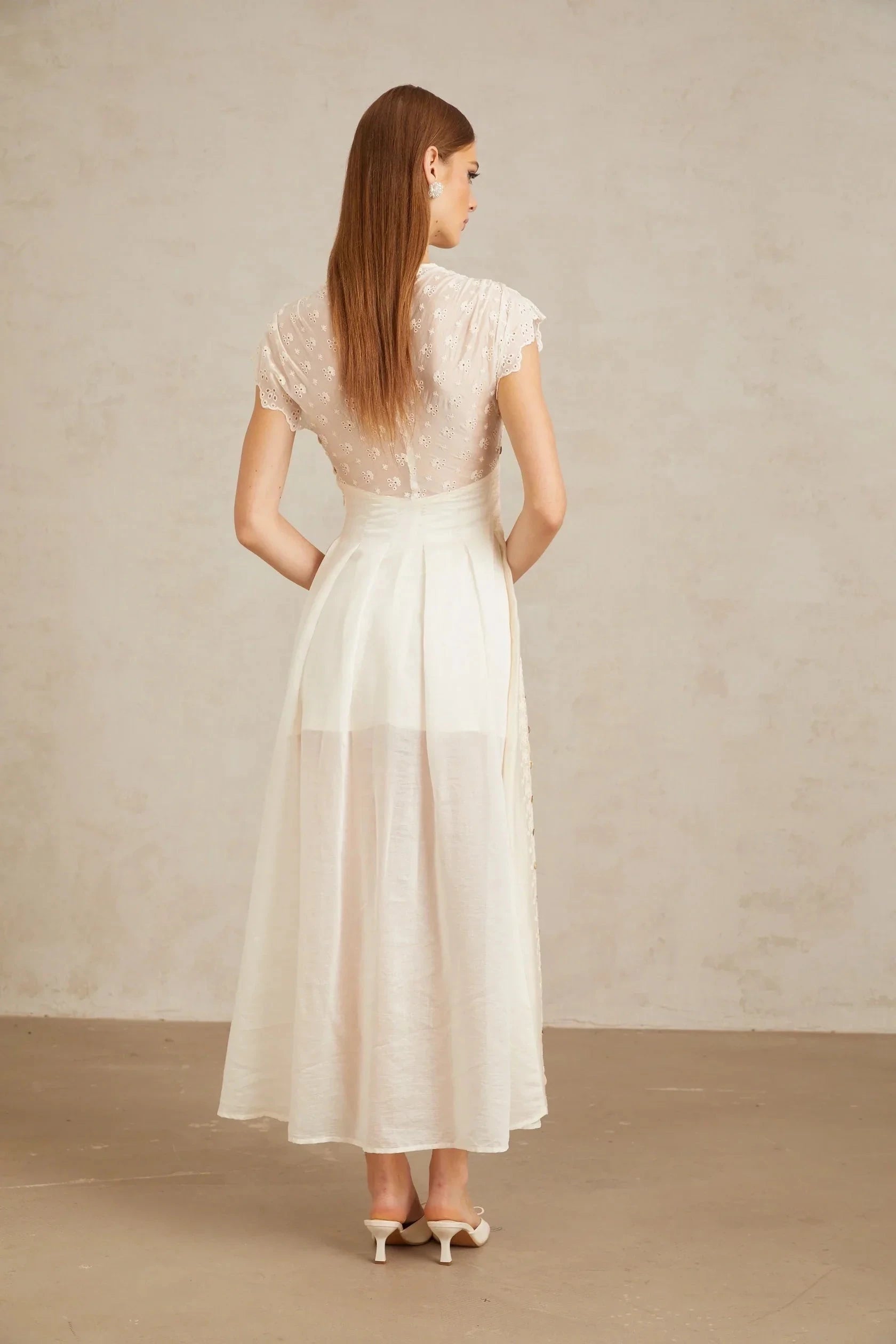 Ivory Eyelet Embroidered Maxi Dress with V - Neck White Embroidered Shirred Maxi Dress Evening Dress by YiHuiw