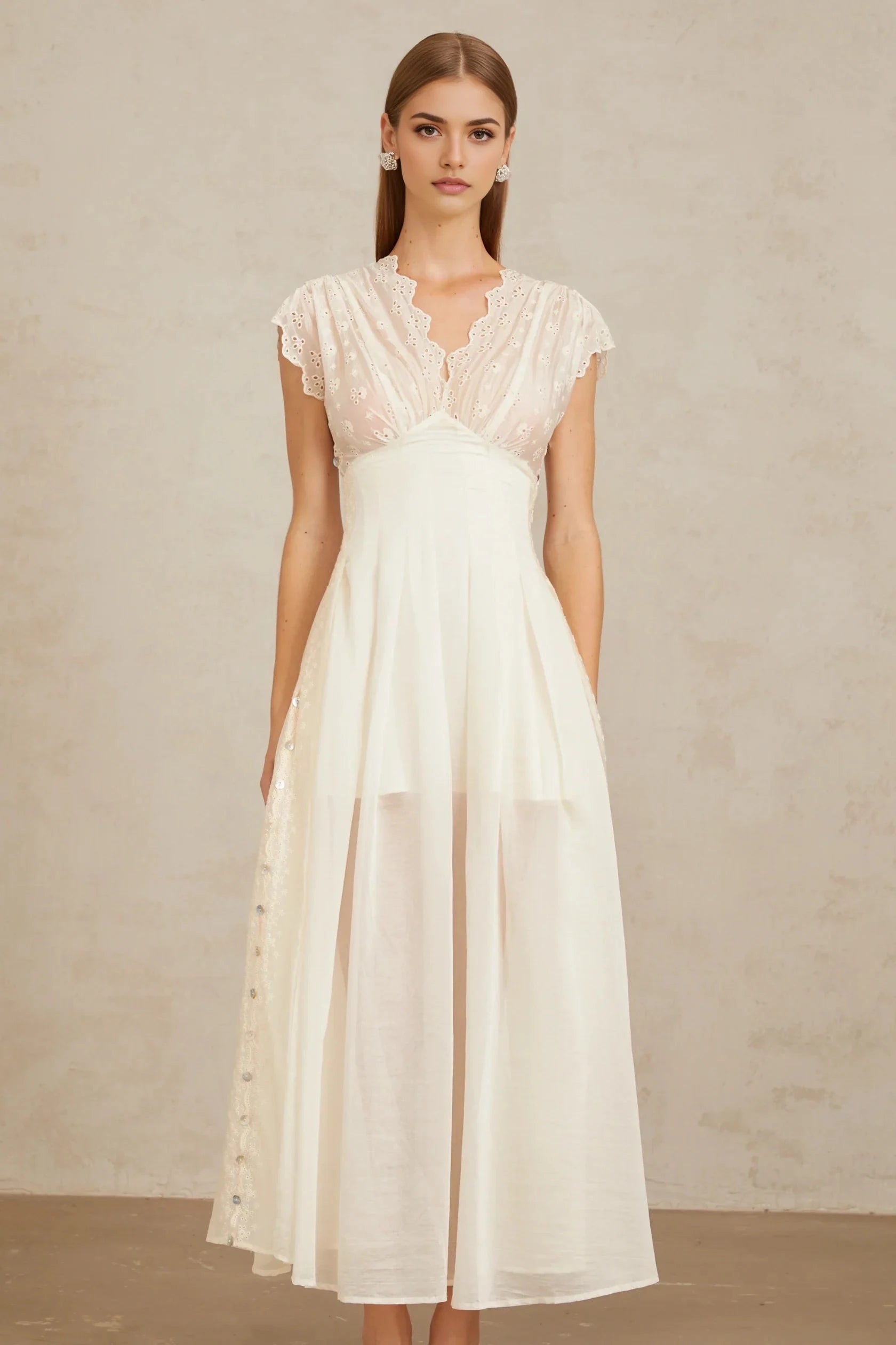 Ivory Eyelet Embroidered Maxi Dress with V - Neck White Embroidered Shirred Maxi Dress Evening Dress by YiHuiw