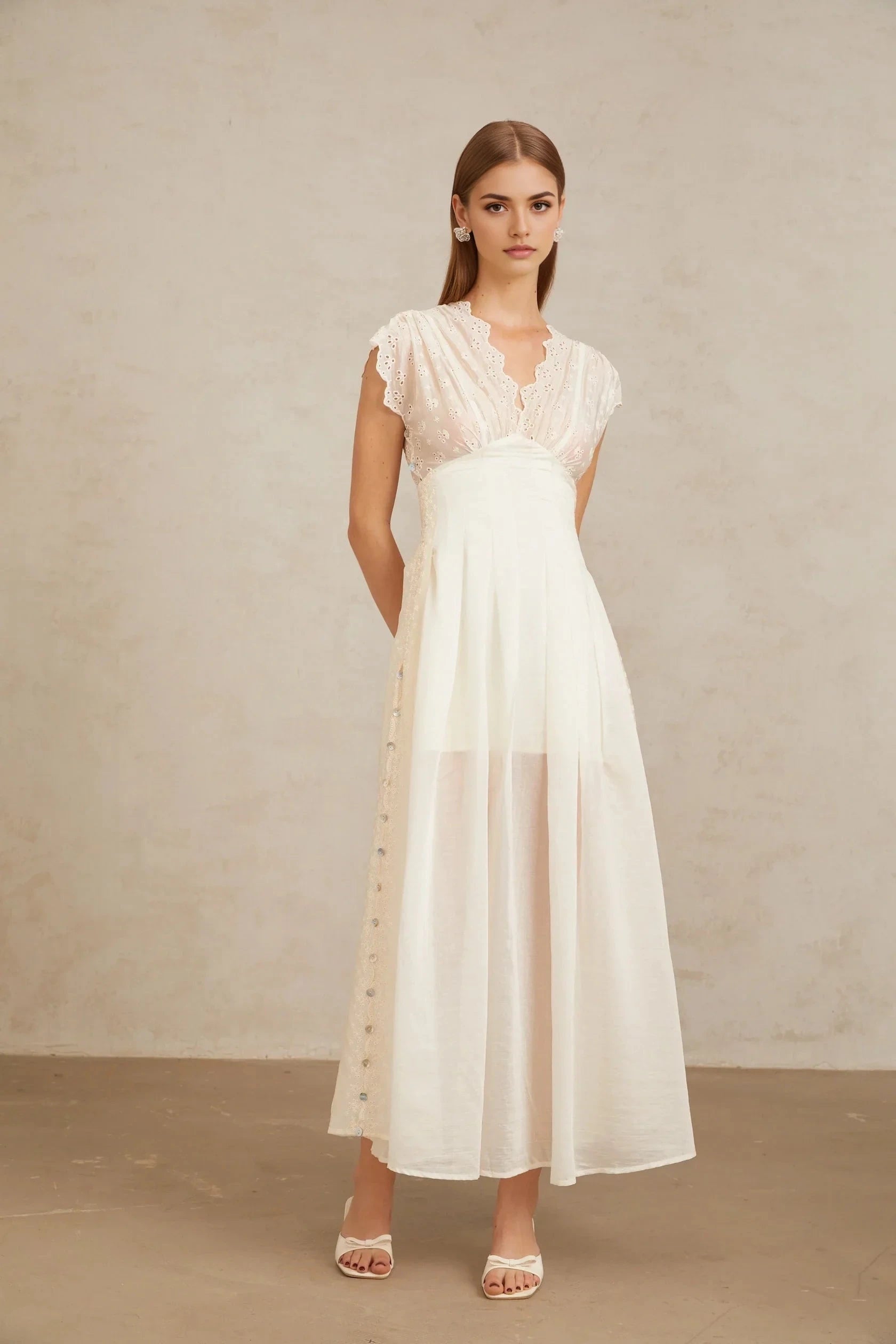 Ivory Eyelet Embroidered Maxi Dress with V - Neck White Embroidered Shirred Maxi Dress Evening Dress by YiHuiw