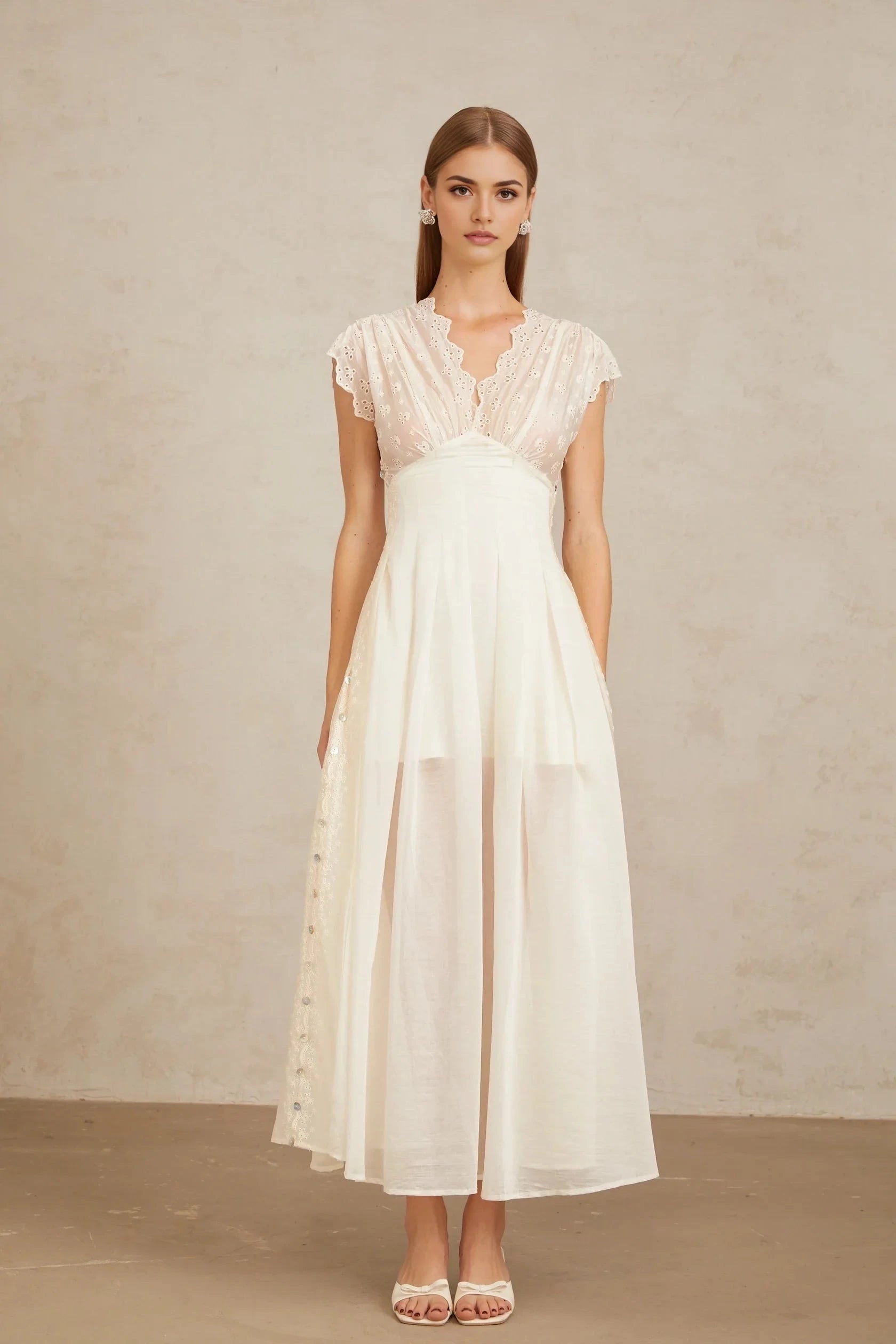 Ivory Eyelet Embroidered Maxi Dress with V - Neck White Embroidered Shirred Maxi Dress Evening Dress by YiHuiw