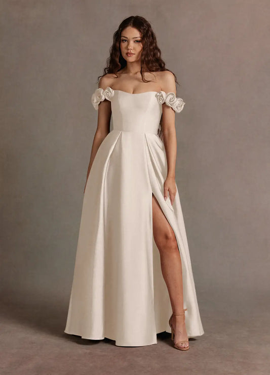 Ivory A-Line Satin Floor-Length Wedding Dress - Yihuiw by Yihuiw