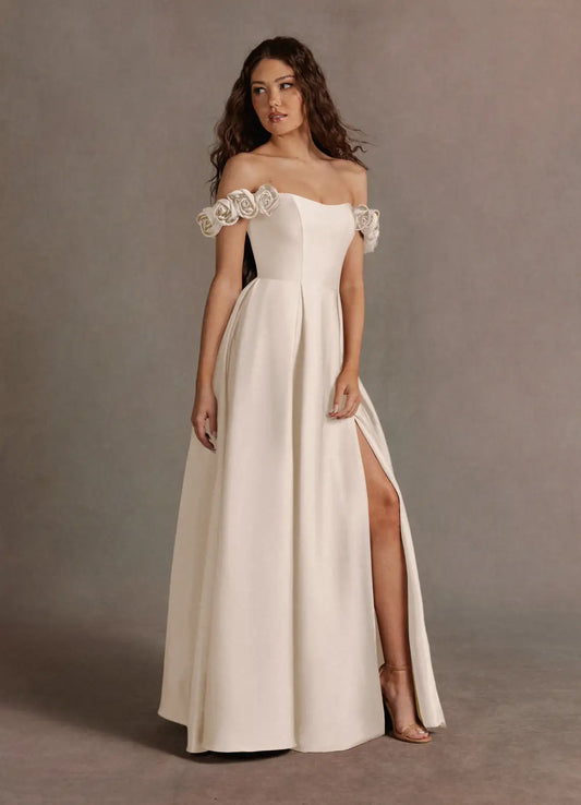 Ivory A-Line Satin Floor-Length Wedding Dress - Yihuiw by Yihuiw