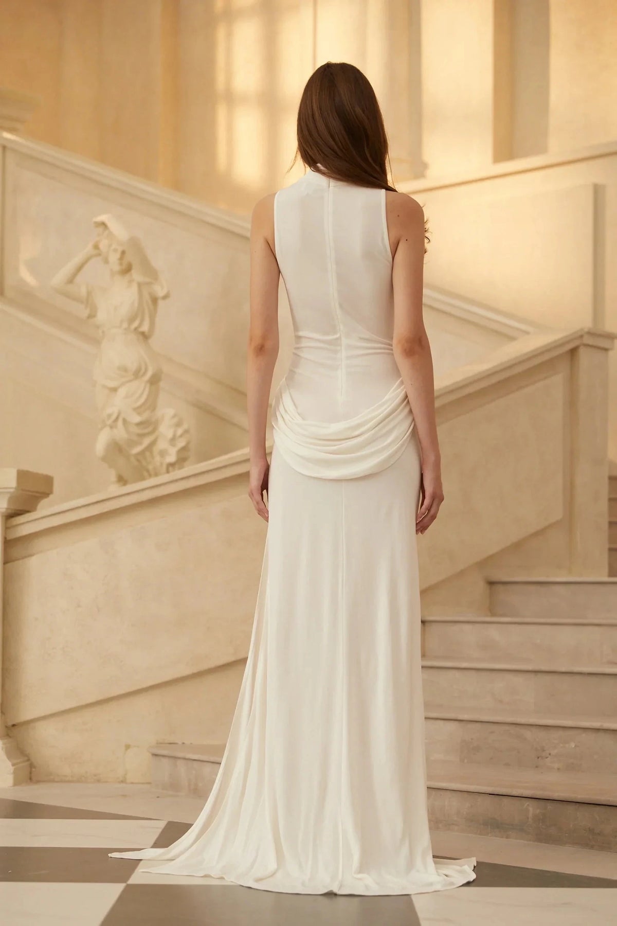 Ivory High Neck Maxi Dress with Draped Detail and Side Slit White Turtleneck Draped Maxi Dress Evening Dress by YiHuiw