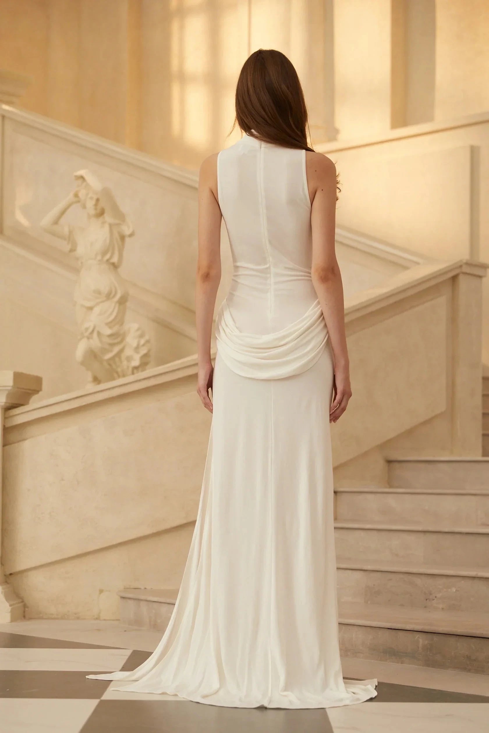 Ivory High Neck Maxi Dress with Draped Detail and Side Slit White Turtleneck Draped Maxi Dress Evening Dress by YiHuiw