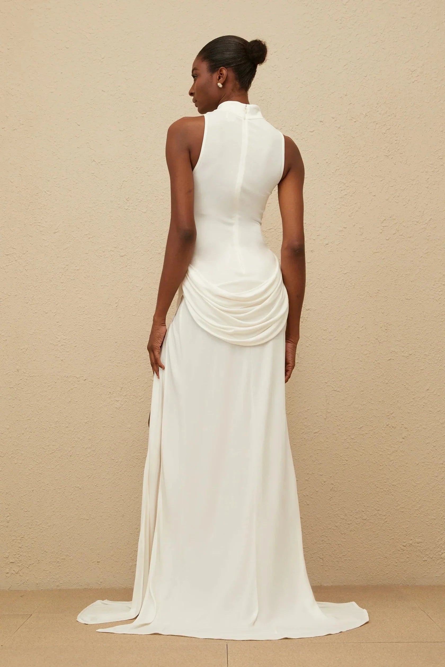 Ivory High Neck Maxi Dress with Draped Detail and Side Slit White Turtleneck Draped Maxi Dress Evening Dress by YiHuiw
