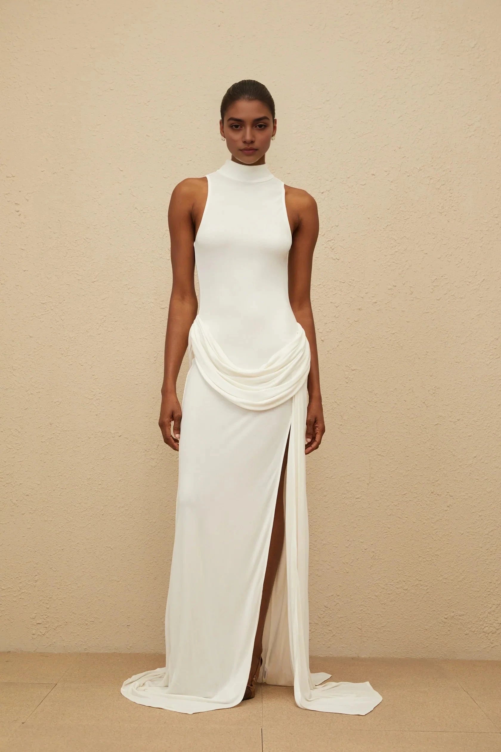 Ivory High Neck Maxi Dress with Draped Detail and Side Slit White Turtleneck Draped Maxi Dress Evening Dress by YiHuiw