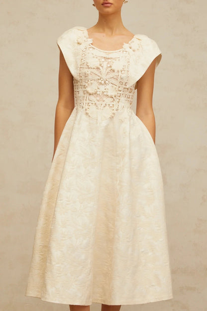 Ivory Lace - Detail Midi Dress with Floral Embroidery neutrals floral-embroidered embellished midi dress Evening Dress by YiHuiw