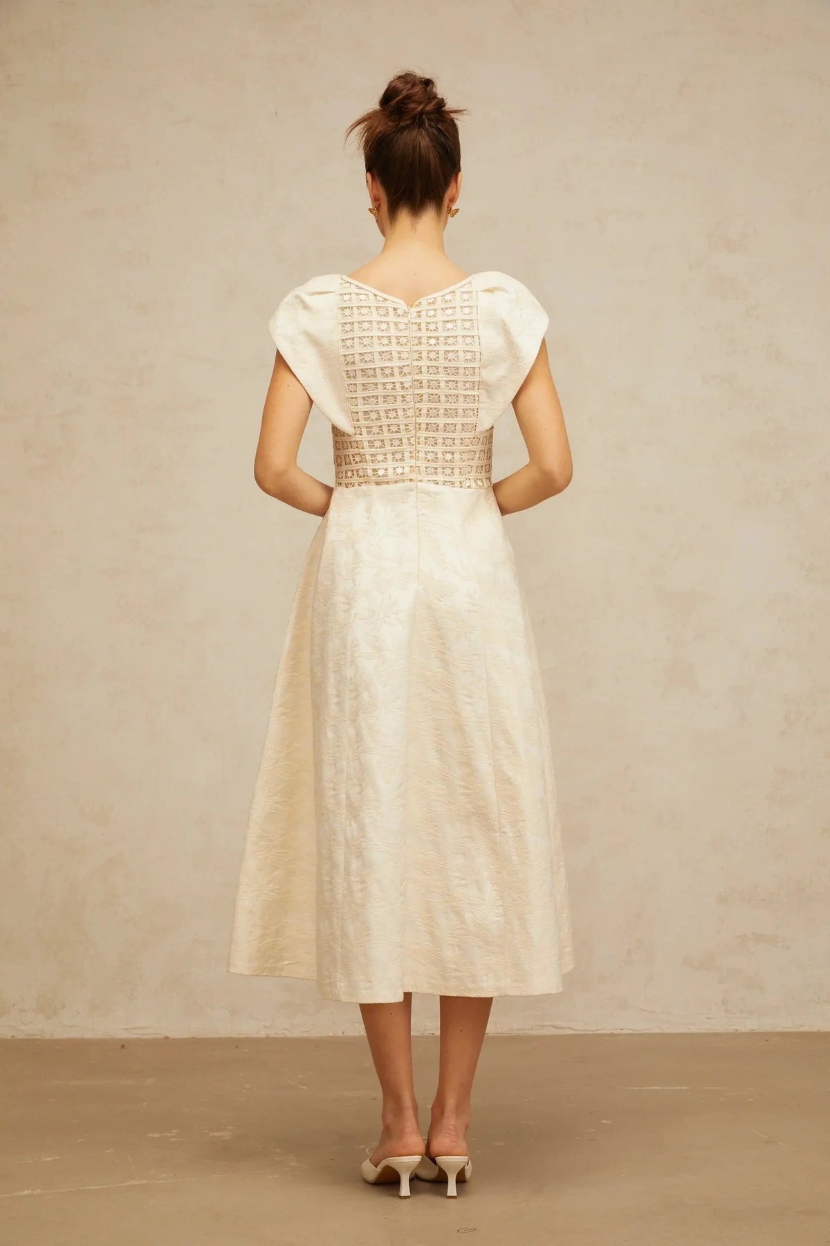 Ivory Lace - Detail Midi Dress with Floral Embroidery neutrals floral-embroidered embellished midi dress Evening Dress by YiHuiw