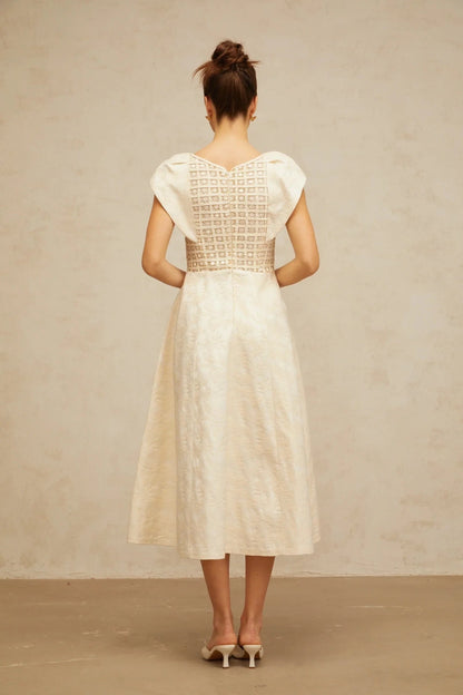 Ivory Lace - Detail Midi Dress with Floral Embroidery neutrals floral-embroidered embellished midi dress Evening Dress by YiHuiw