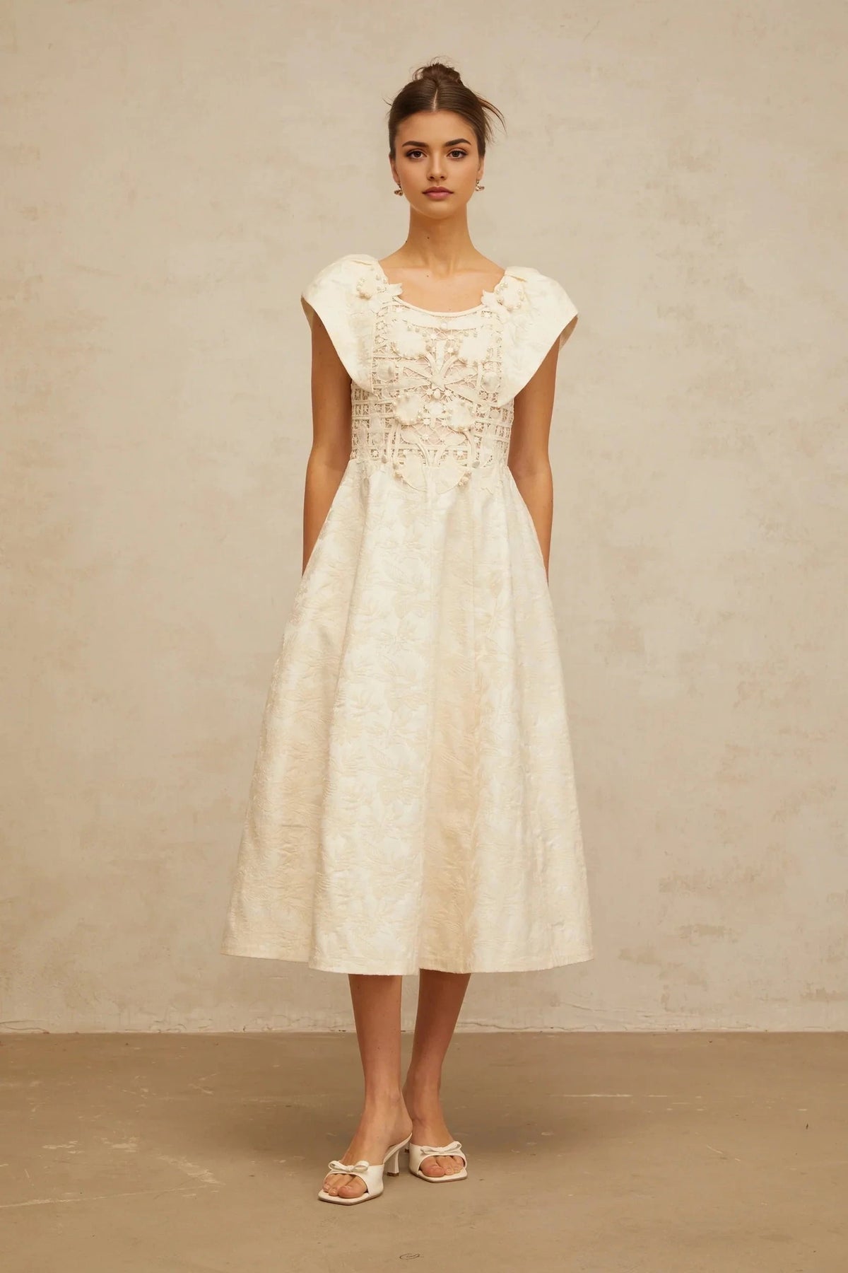 Ivory Lace - Detail Midi Dress with Floral Embroidery neutrals floral-embroidered embellished midi dress Evening Dress by YiHuiw