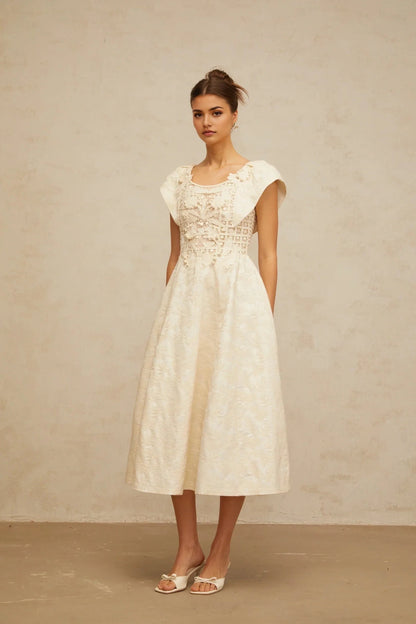 Ivory Lace - Detail Midi Dress with Floral Embroidery neutrals floral-embroidered embellished midi dress Evening Dress by YiHuiw