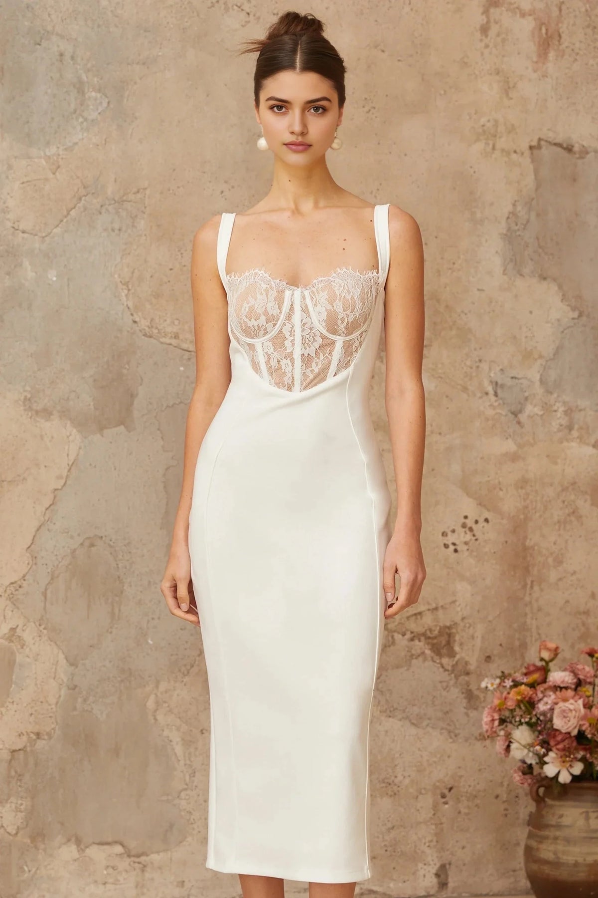 Ivory Lace - Detail Midi Dress with Spaghetti Straps Poema white lace-panel corset midi dress Evening Dress by YiHuiw