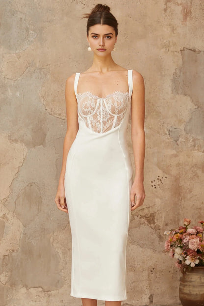Ivory Lace - Detail Midi Dress with Spaghetti Straps Poema white lace-panel corset midi dress Evening Dress by YiHuiw