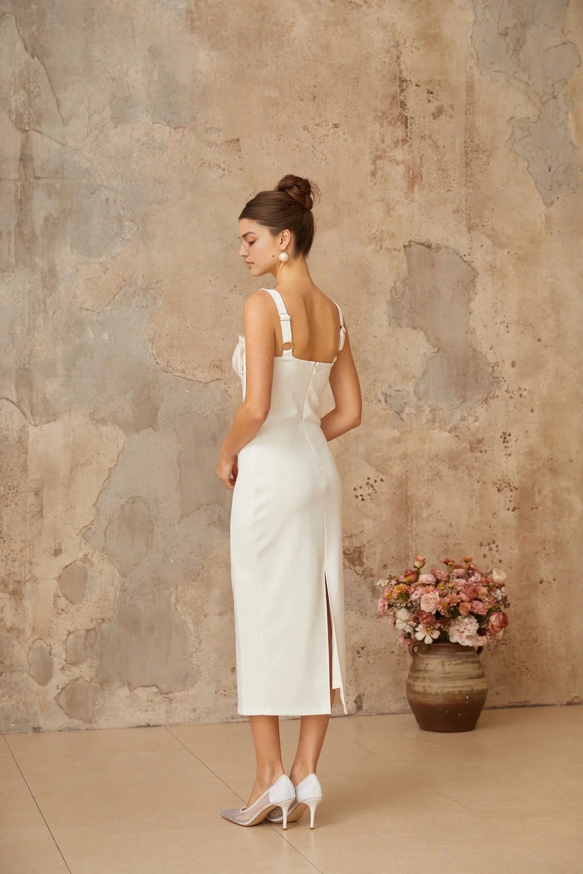 Ivory Lace - Detail Midi Dress with Spaghetti Straps Poema white lace-panel corset midi dress Evening Dress by YiHuiw