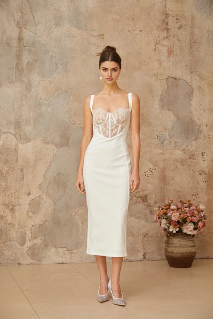 Ivory Lace - Detail Midi Dress with Spaghetti Straps Poema white lace-panel corset midi dress Evening Dress by YiHuiw